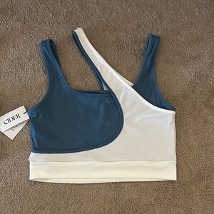 2 Cider Two-Tone Teal & White Asymmetric Ribbed Sports Bralette and Black/Grey